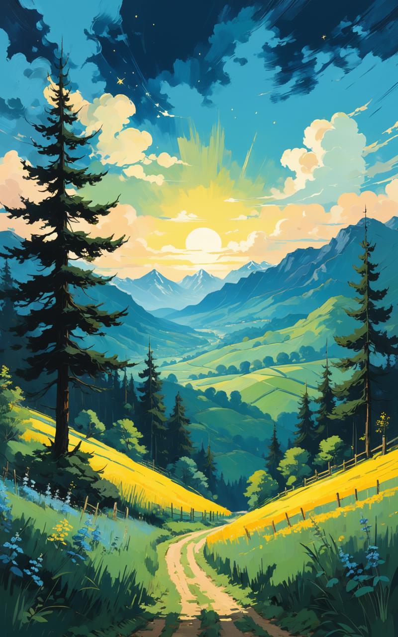 04929-938249213-Magischer Wald mit vielen Nadelbäumen im Stil von van Gogh in der Nacht und darüber ein Himmel voll sterne im Hintergrund Berge.png